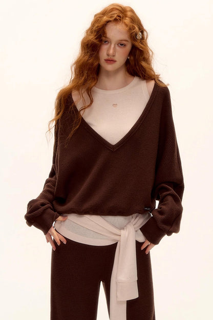 Waffle Knit V-Neck Sweater Set-Up