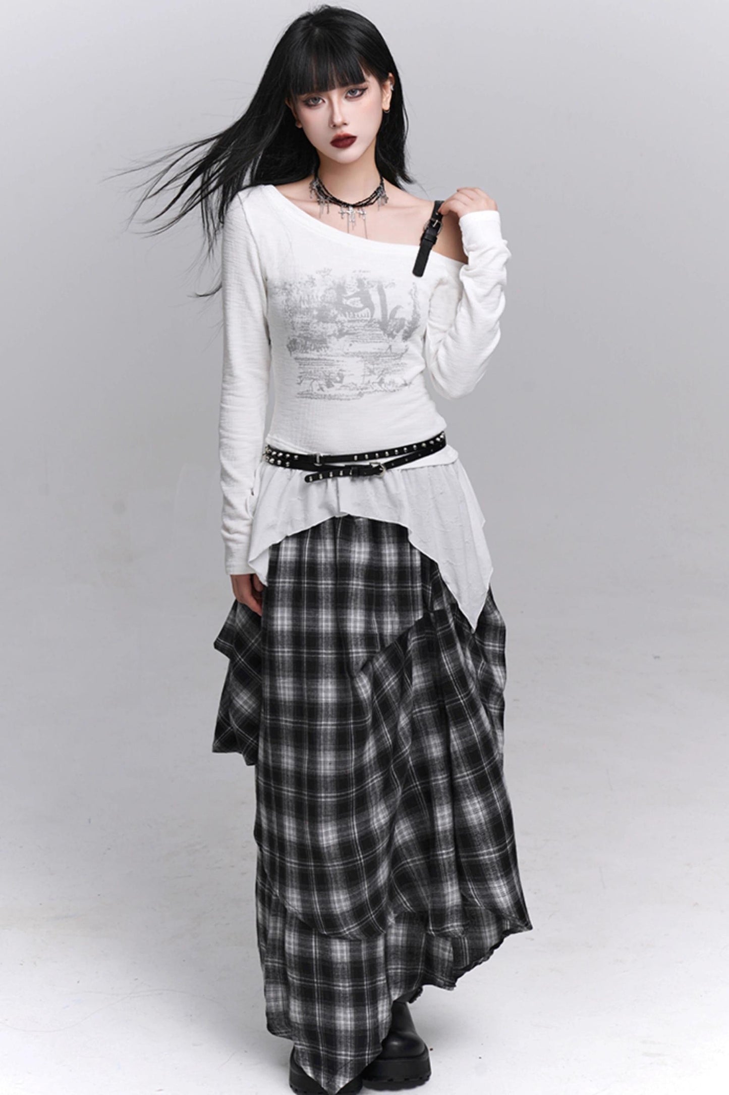 Gray Black Plaid Pleated Skirt