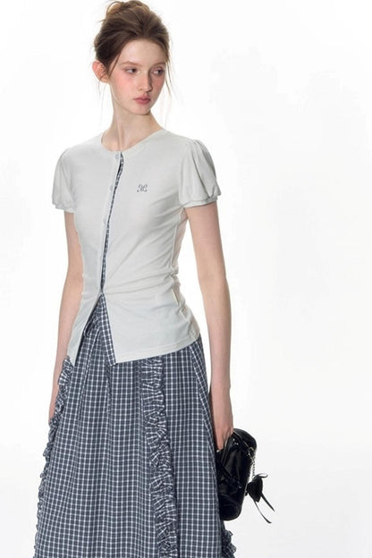 Original Slim Short Sleeve  Plaid Panelled Skirt Set-Up