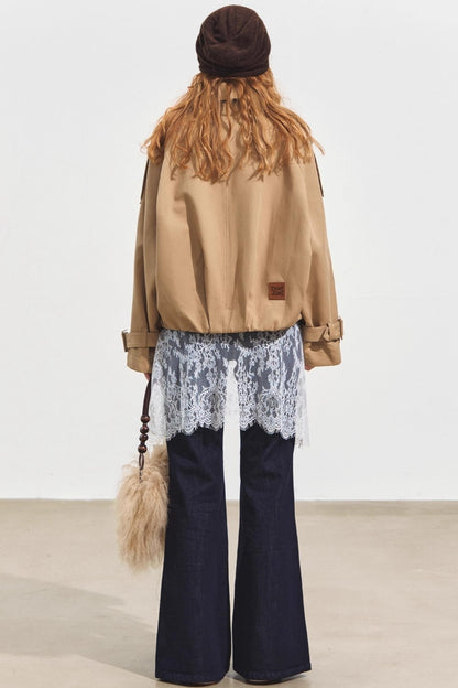 Slanted Stand-Up Collar Cropped Trench Coat