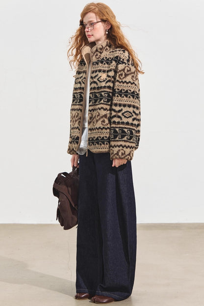 Fleece Jacquard Stand-Up Collar Coat