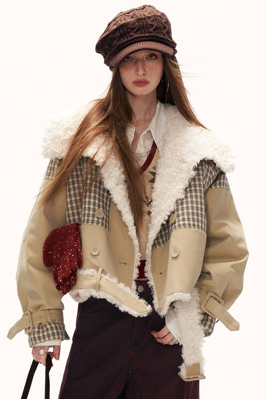 Plaid Fur Collar Large Lapel Jacket