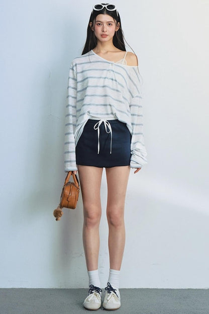 Blue Striped Bag-Up T-Shirt