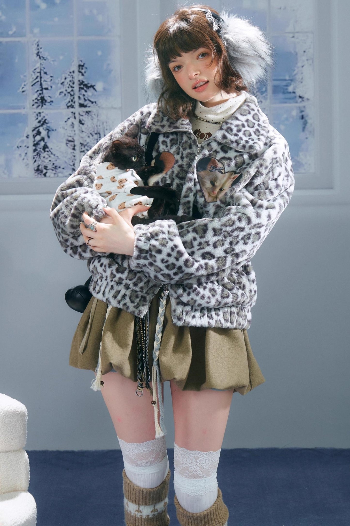 Winter Cat Print Fluffy Coat