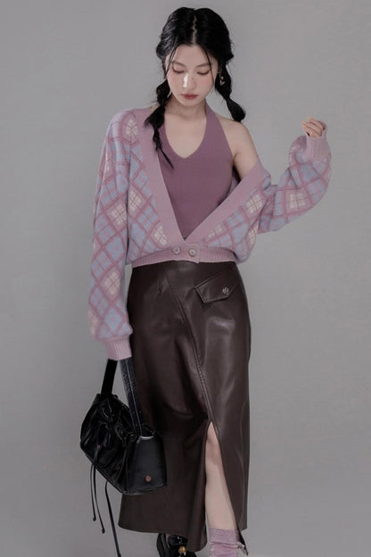 Halterneck Vest With Knit Sweater Set