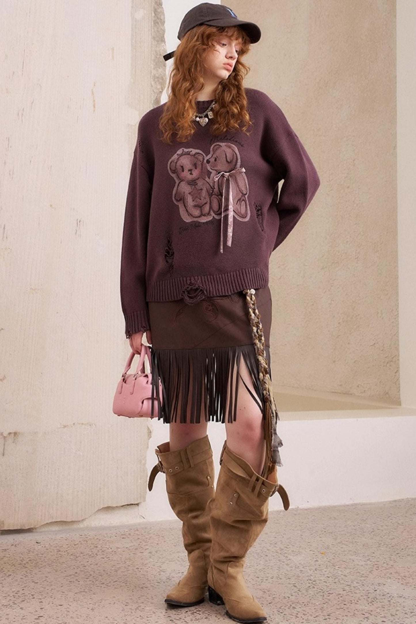 Kiss Bear Print Long Sleeve Sweater