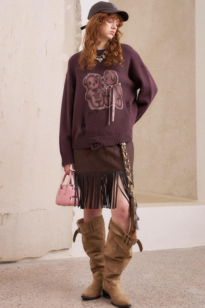 Kiss Bear Print Long Sleeve Sweater