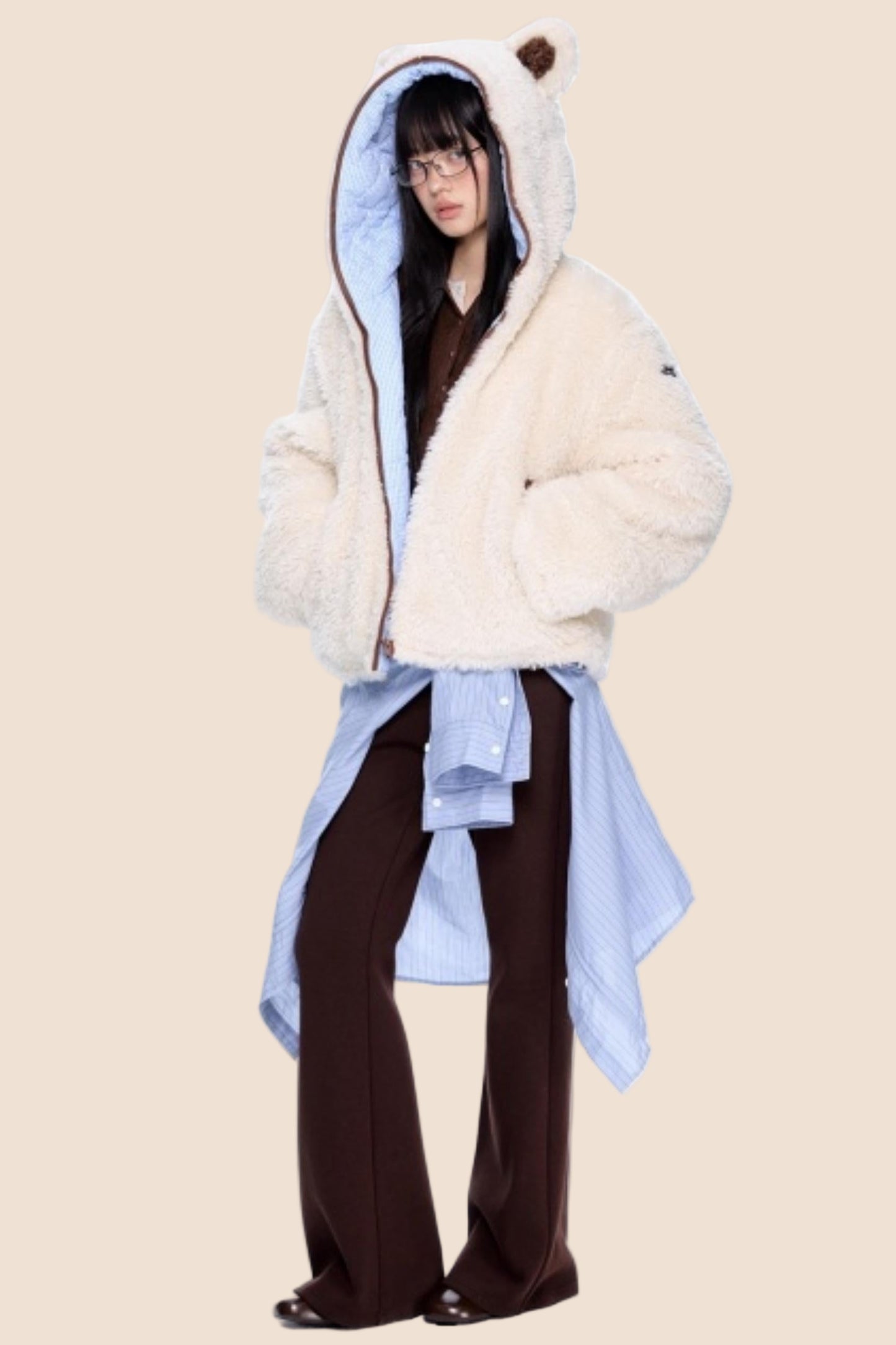 Ear-Flap Striped Faux Shearling Jacket