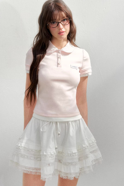 Embroidered Collar Pink Blouse