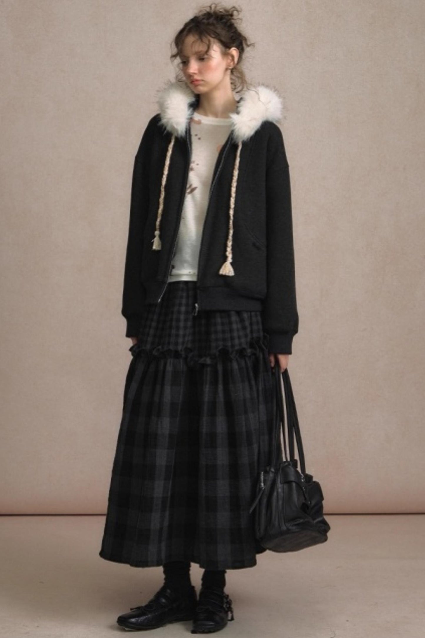 Retro Plaid High-Waisted Long Skirt