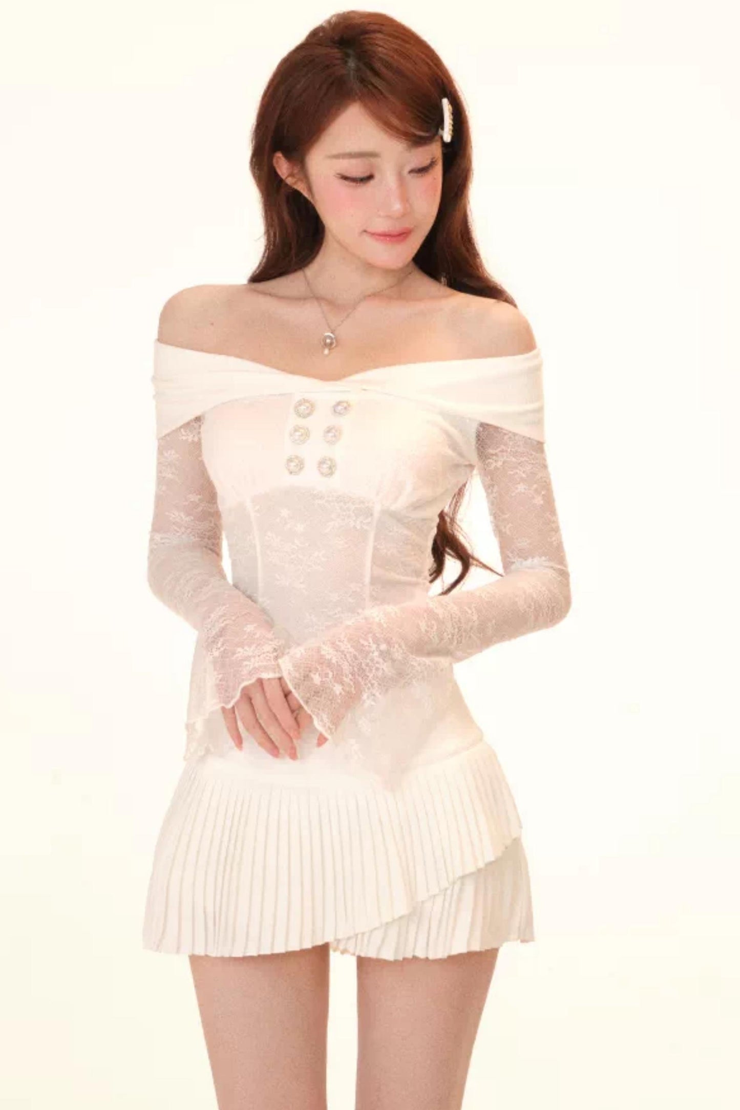Completo Top e Gonna Patchwork in Pizzo Tè Bianco