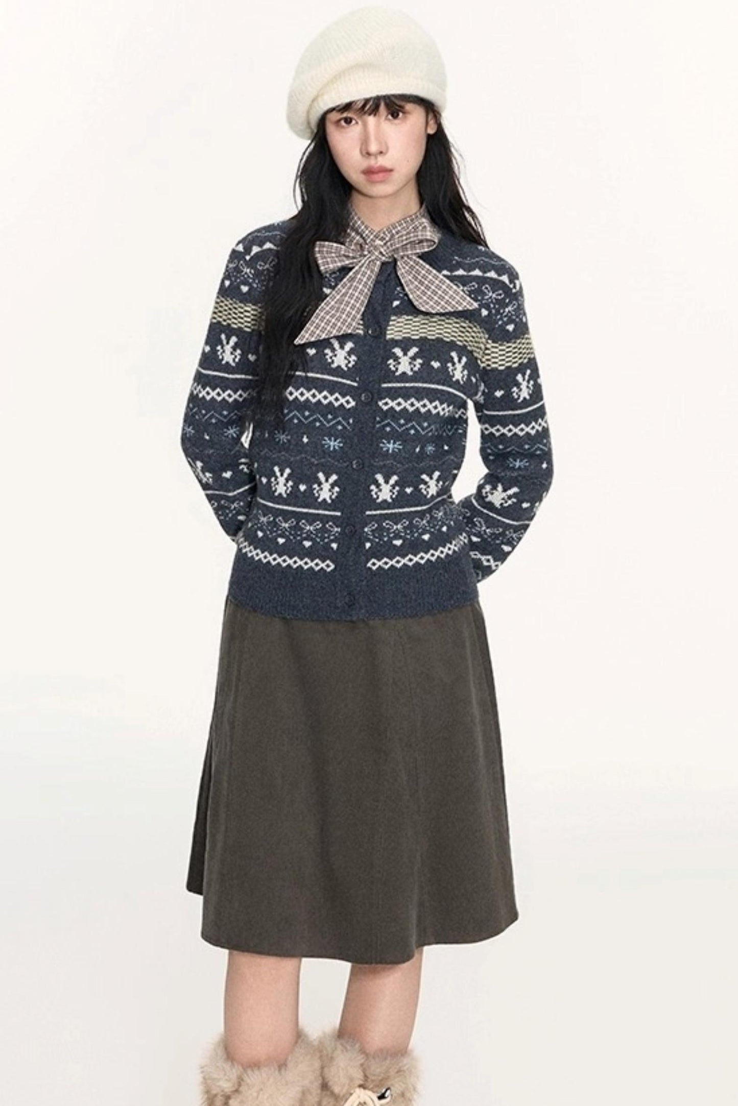 Vintage Fur Collar Jacket With Skirt Set-Up