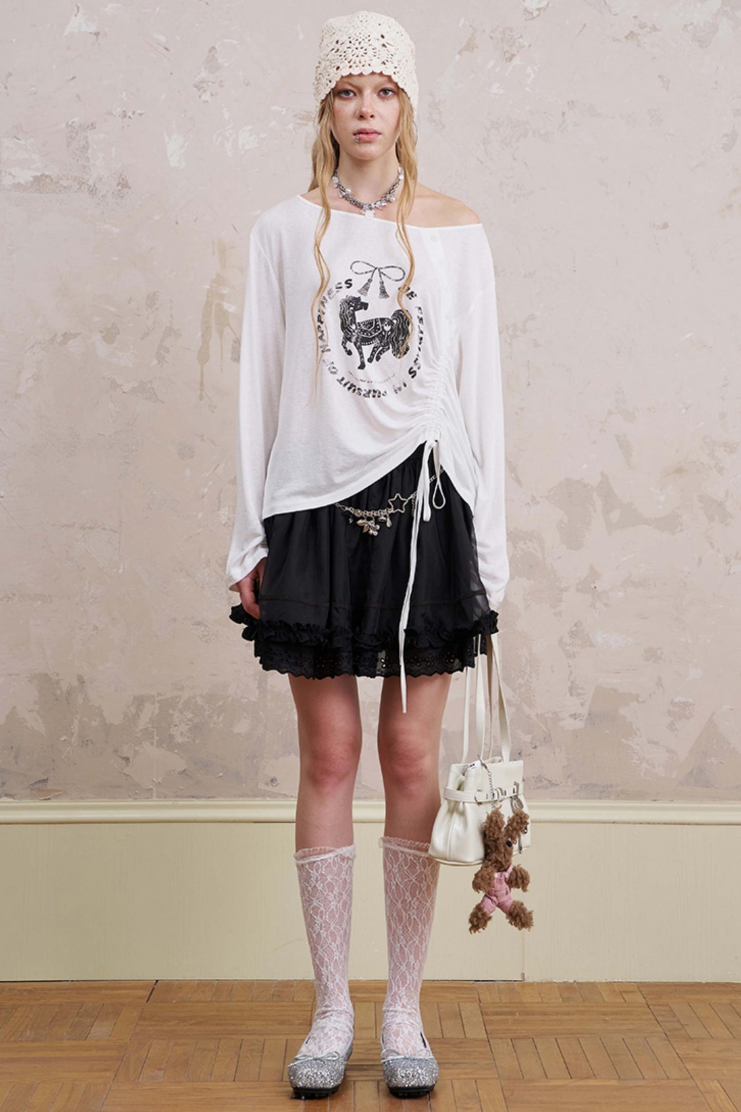 Slanted Monochrome Flower Ruffle T-Shirt