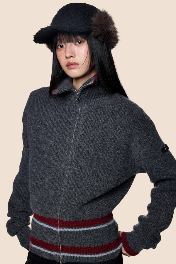 Stand Neck Stripe Sweater Jacket