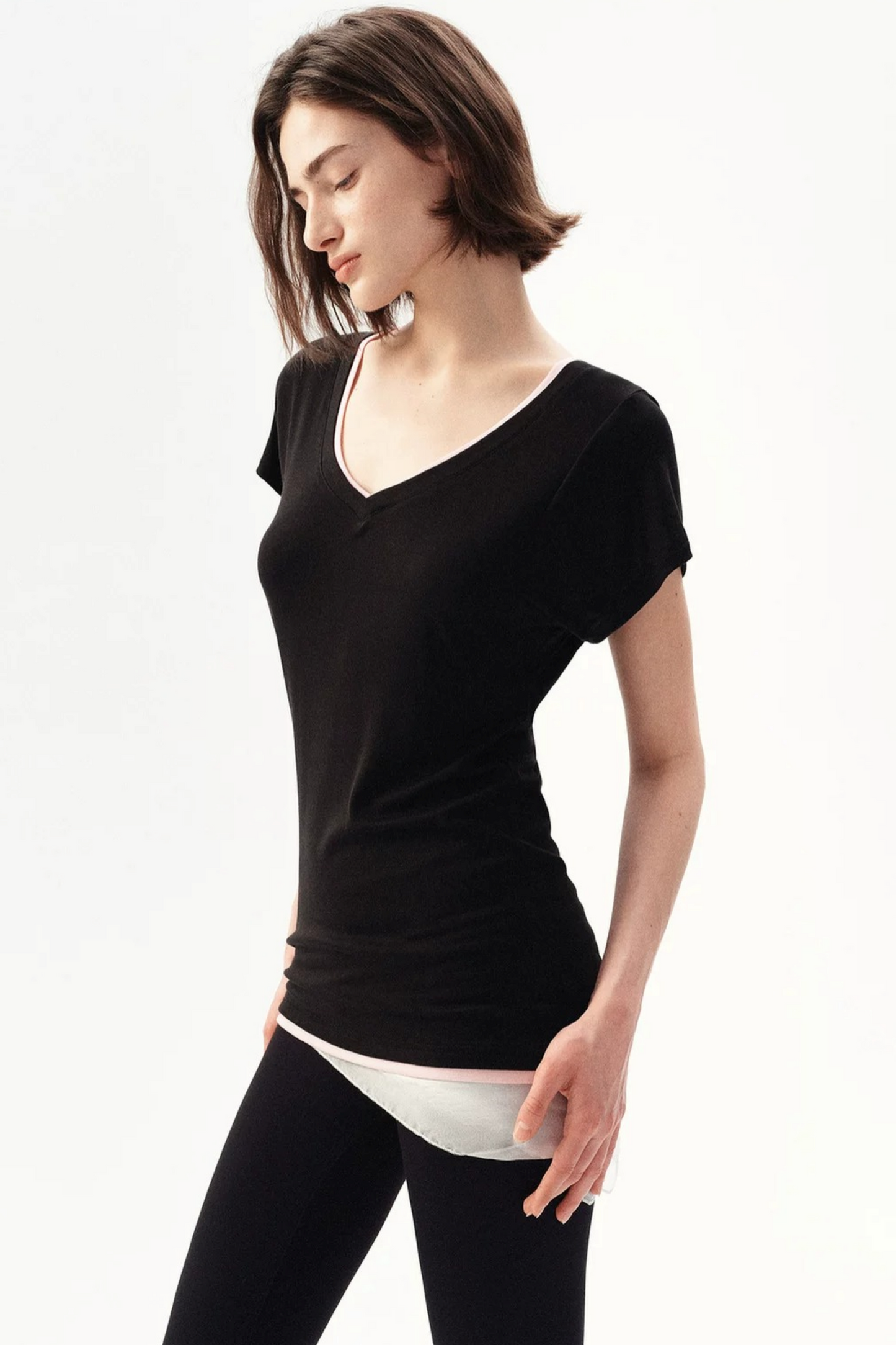 Minimalist Colorblock Deep V-Neck Wool Blend T-Shirt