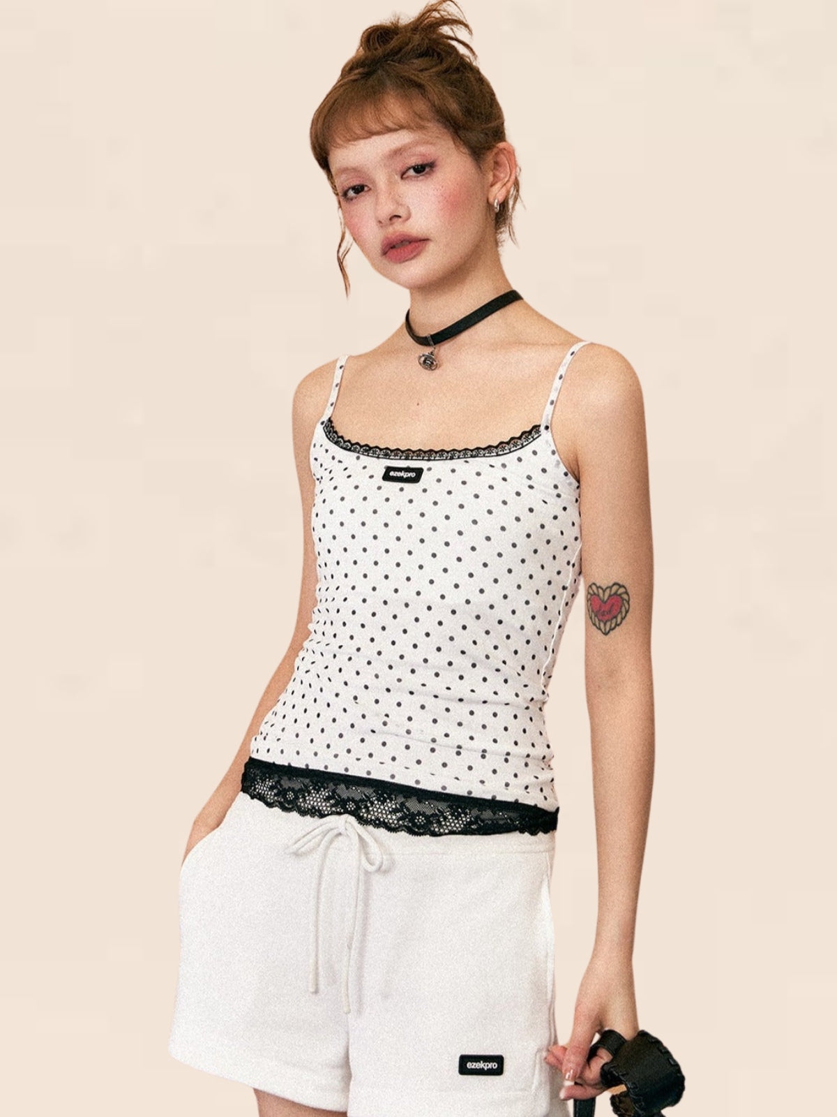 Lace-Stitched Polka Dot Camisole Top