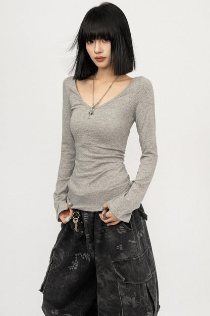 Autumn V-Neck Slim Black Top
