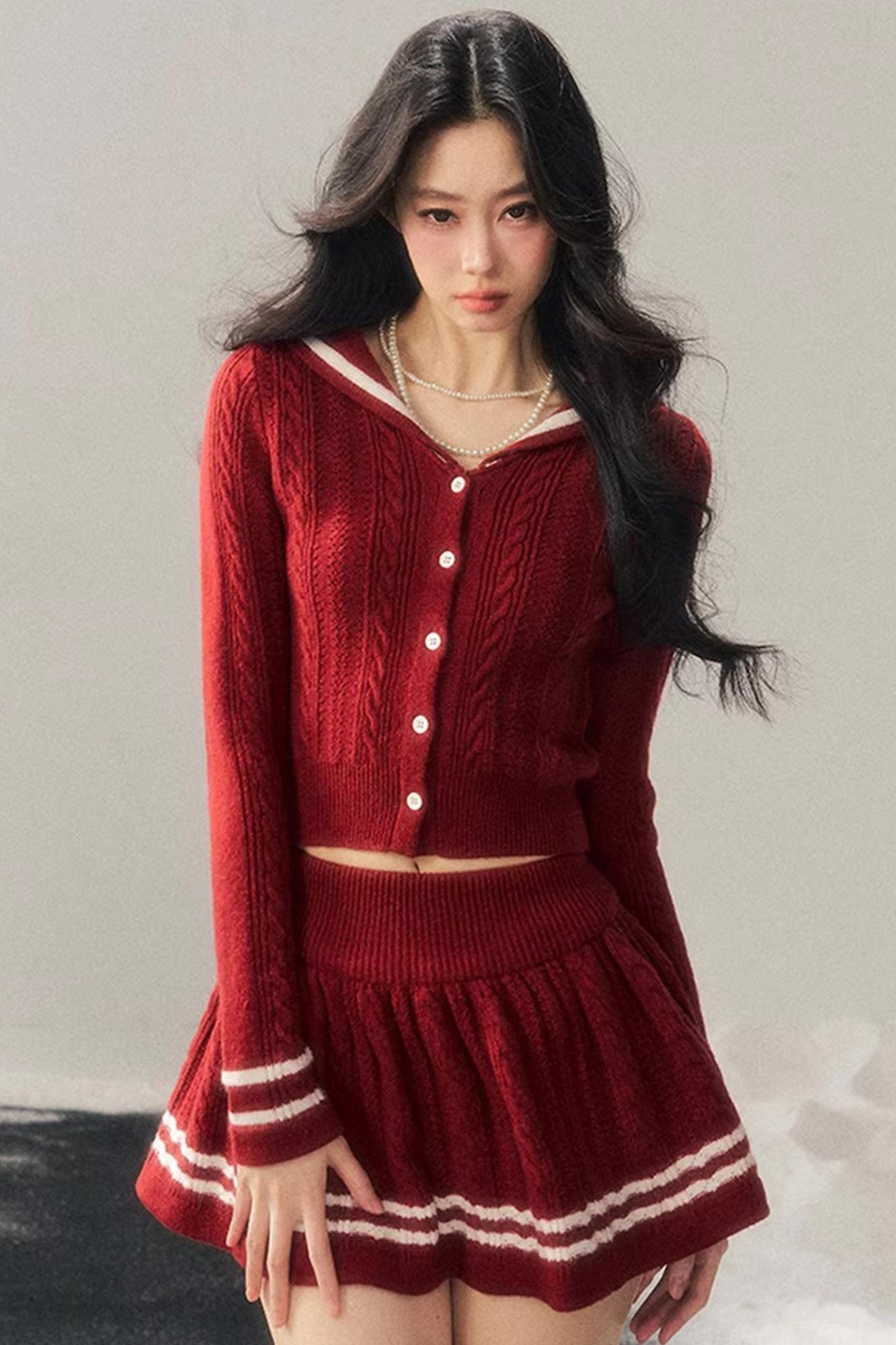 Red Evening Breeze Knitted Sweater Set-Up