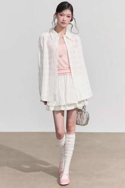 Elegant Hollow-Out Lace Blouse & A-Line Skirt Set-Up