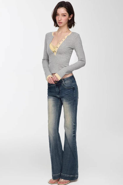 Color-Blocked Deep V-Neck Top Set-Up