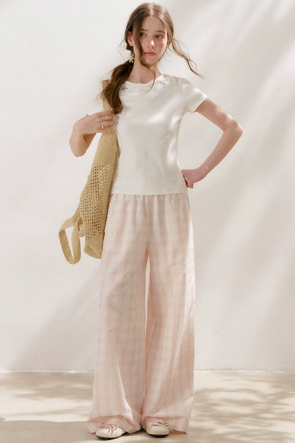 Linen Plaid Wide-Leg Pants