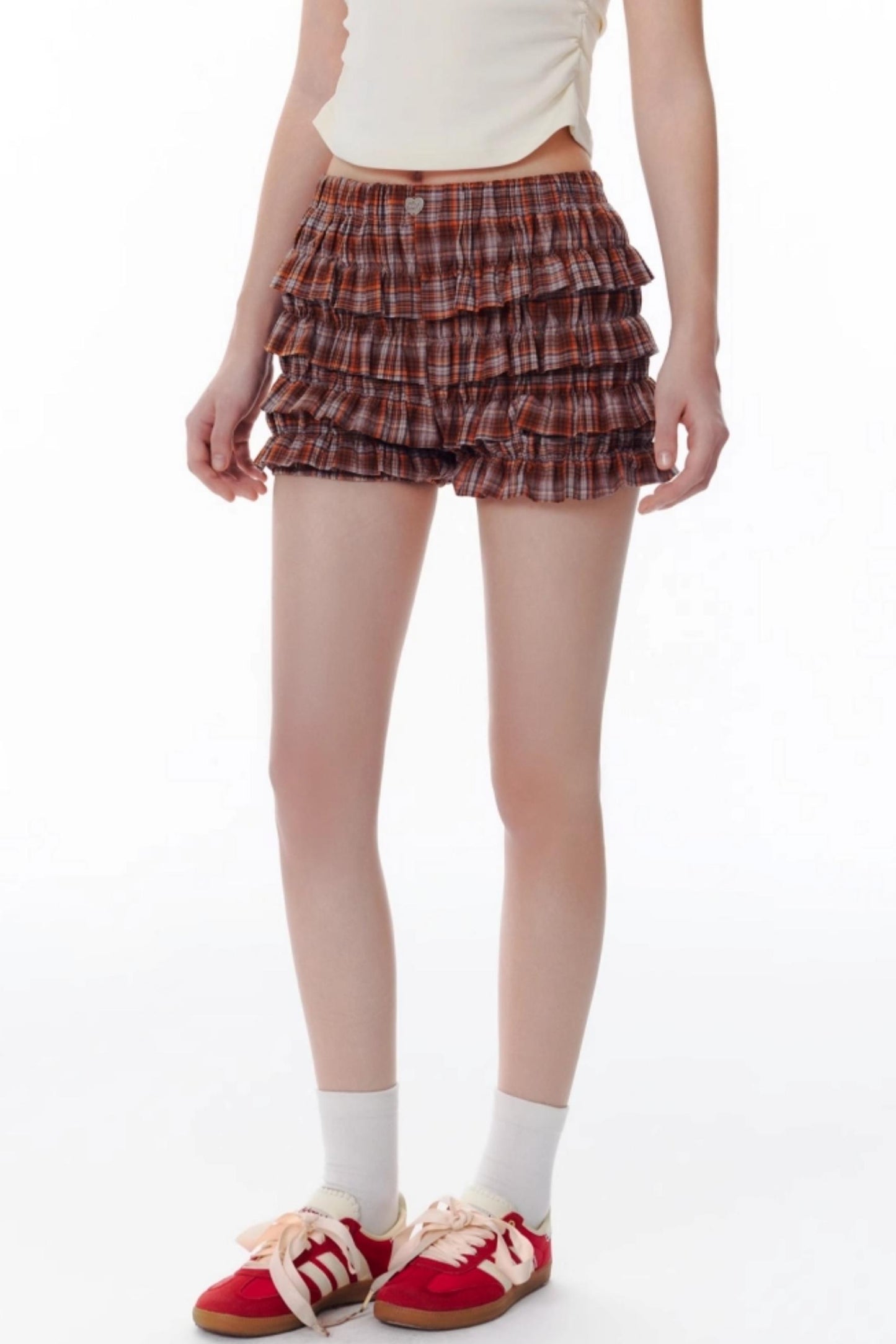Salt Orange Plaid Ruffle Shorts