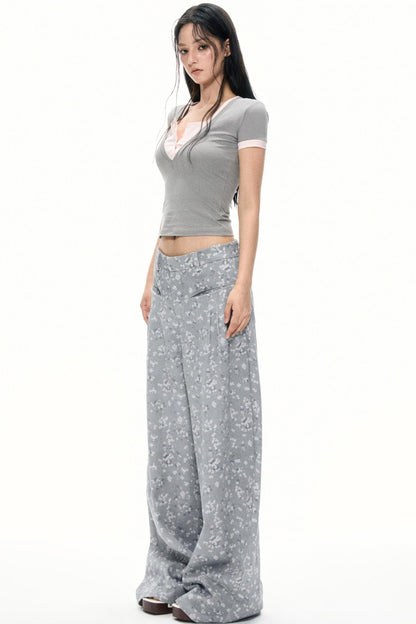 Gray Floral Wide-Leg Pants