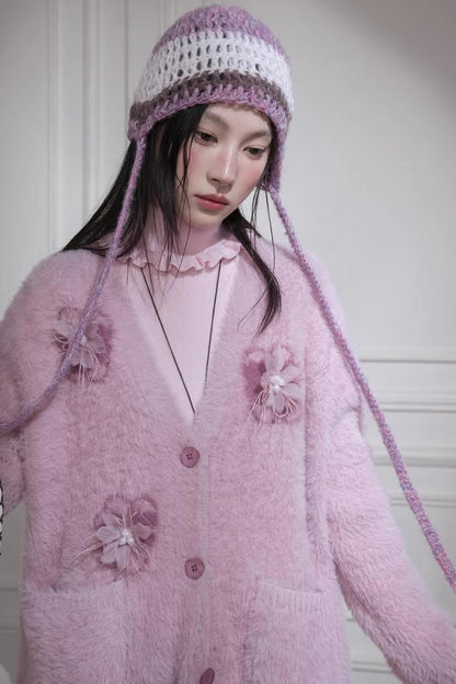 Pink Feather Flower Cardigan