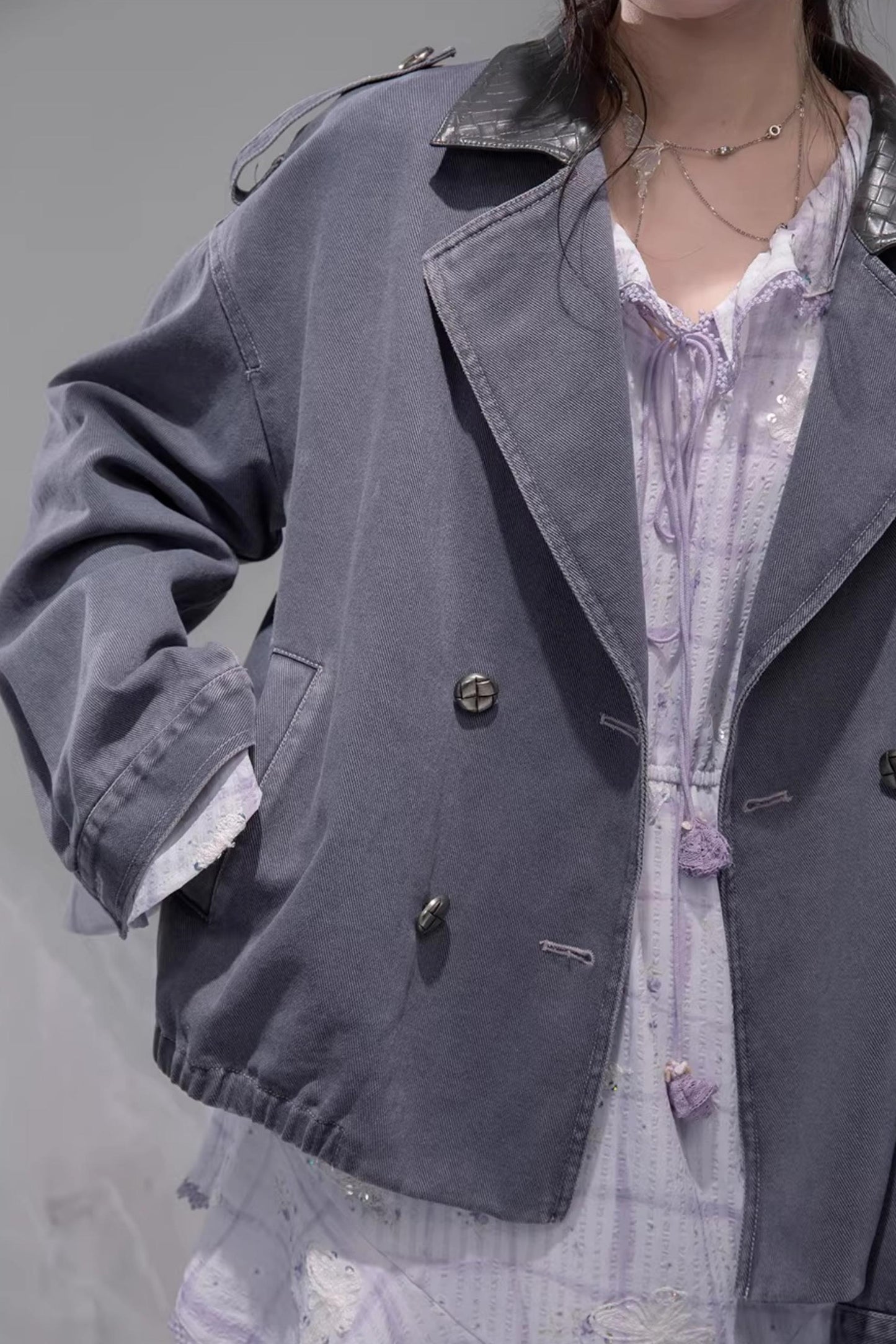 Ink Gray Leather Patchwork Jacket