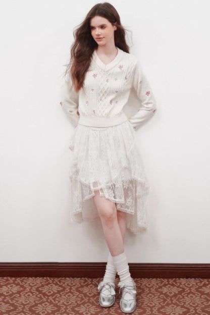 Embroidered V-Neck Knit Sweater