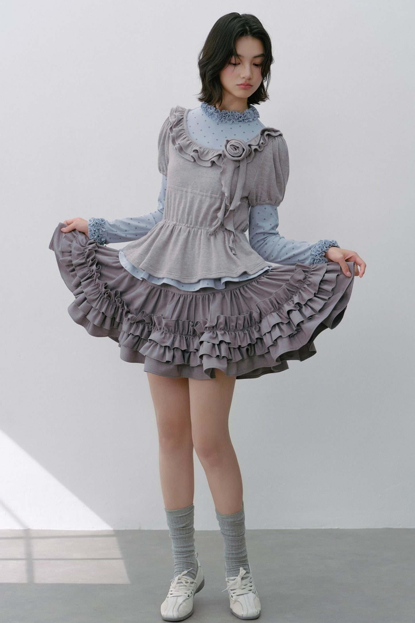 Gray Polka Dot Knitted Shirt Set-Up