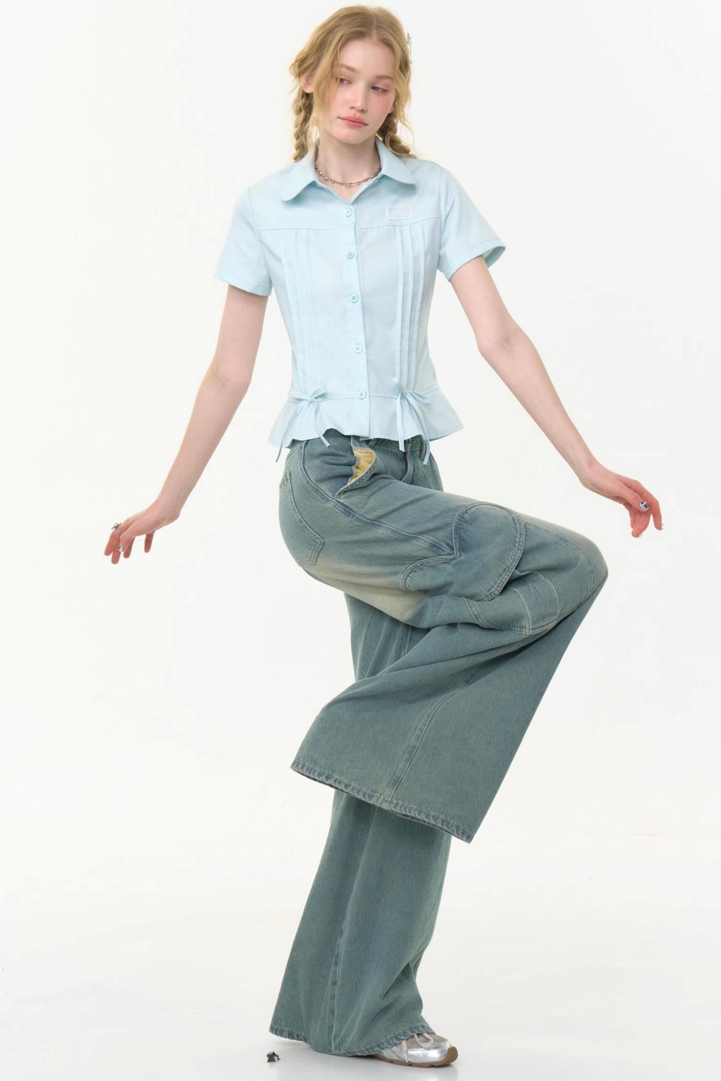 Retro Blue Bow Blouse