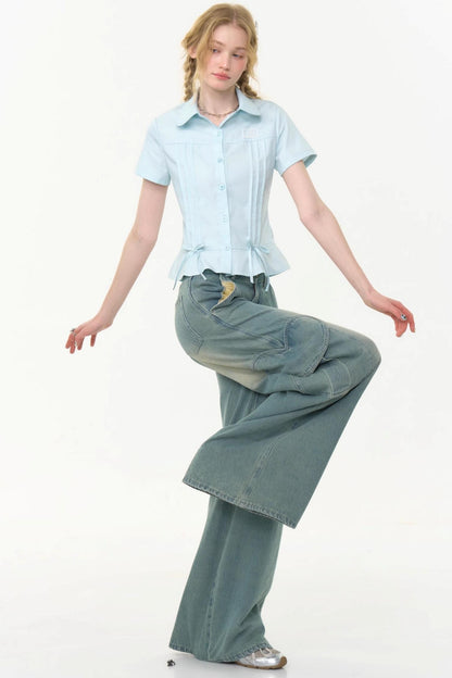 Retro Blue Bow Blouse