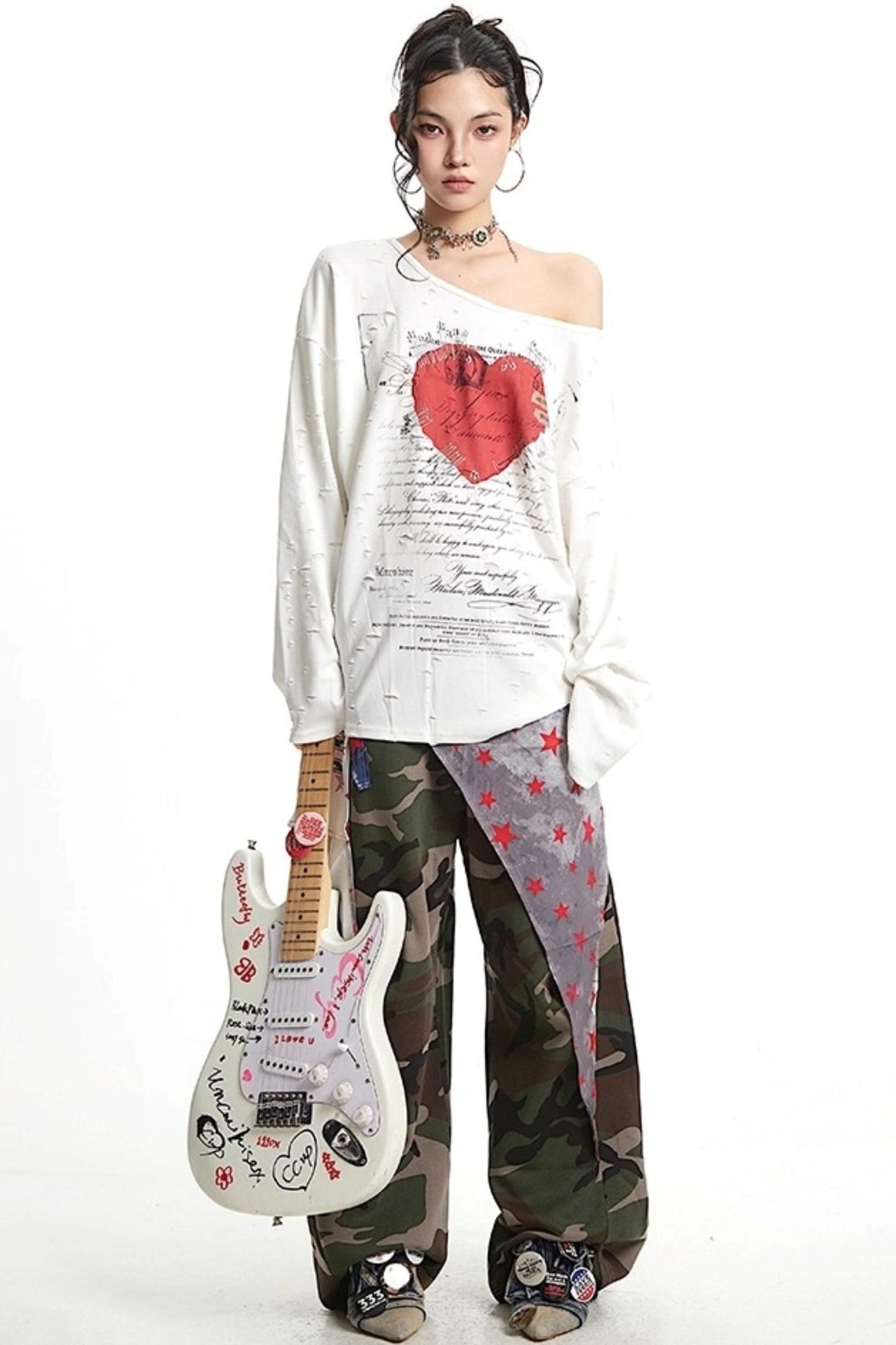 Vintage Love Print Slanted Shoulder T-Shirt