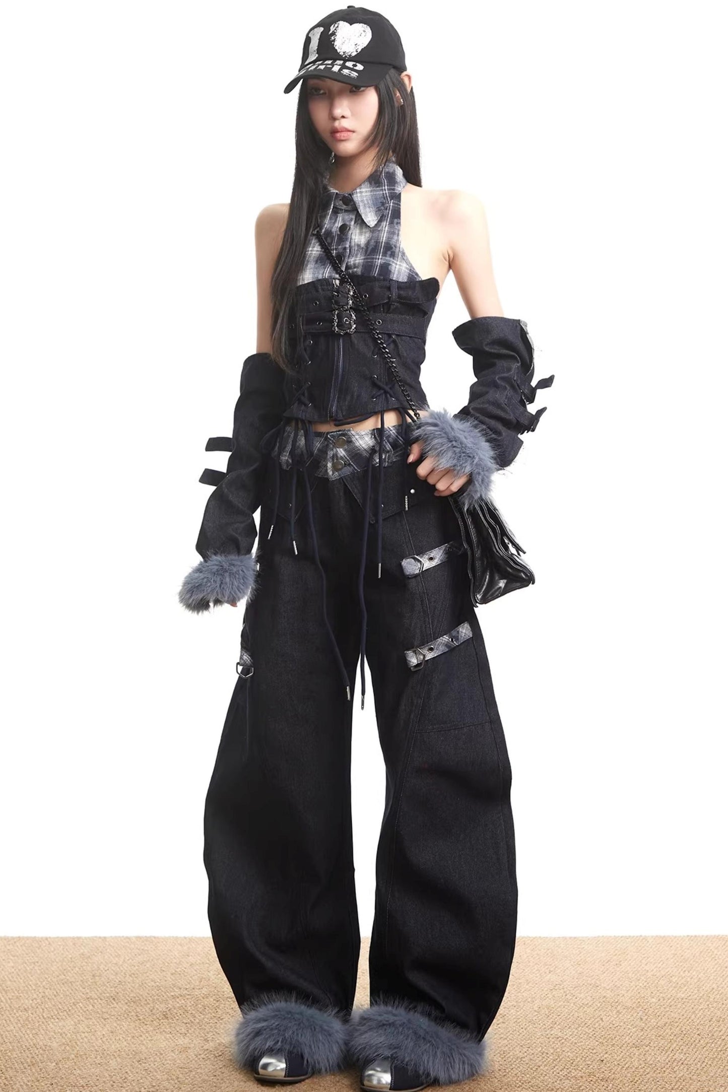 Plaid Patchwork Denim Set-Up