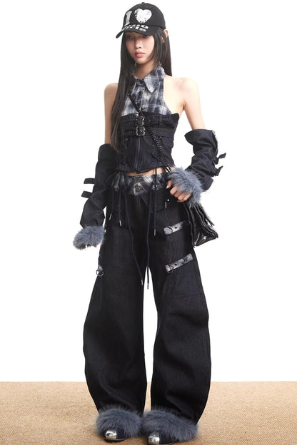 Plaid Patchwork Denim Set-Up