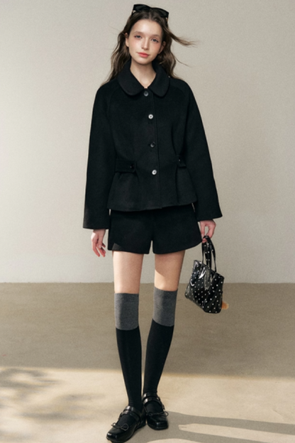 Black Doll Collar Wool Coat