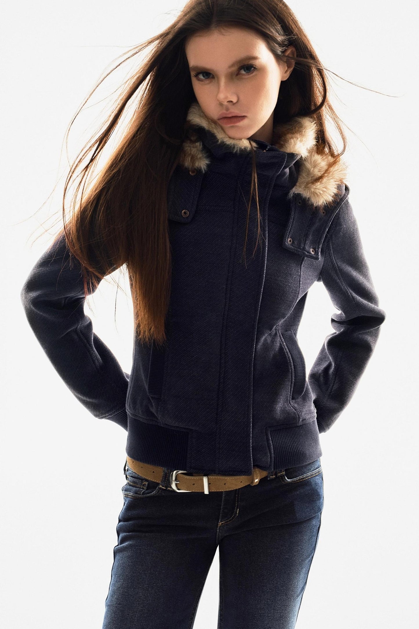 Fur Collar Textured Hooded Jacket