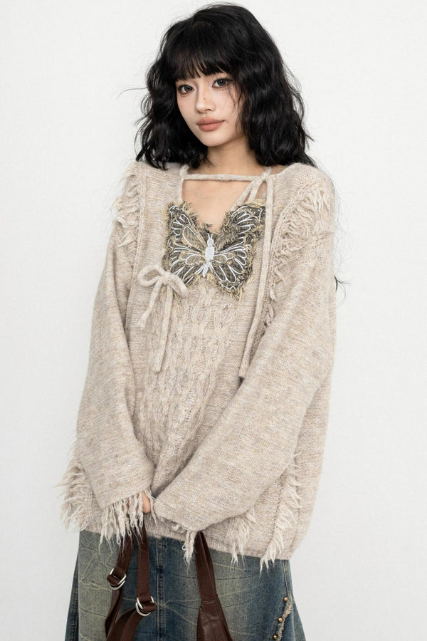 Fringe Lace-Up Butterfly Sweater