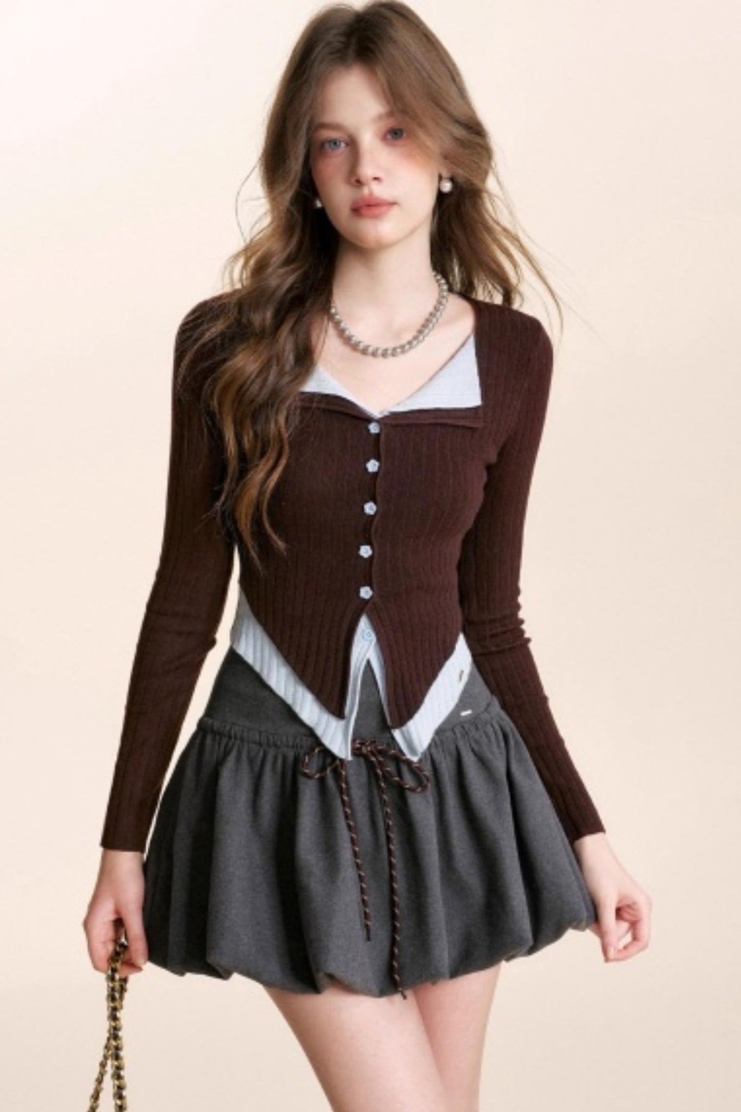 Color-Blocked Woolen Puff Skirt