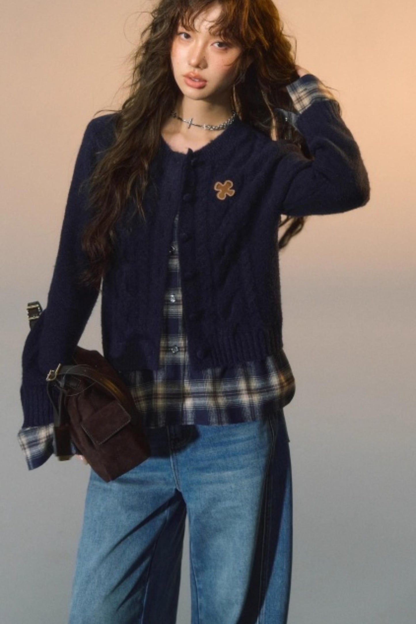 Plaid Patchwork Knit Cardigan