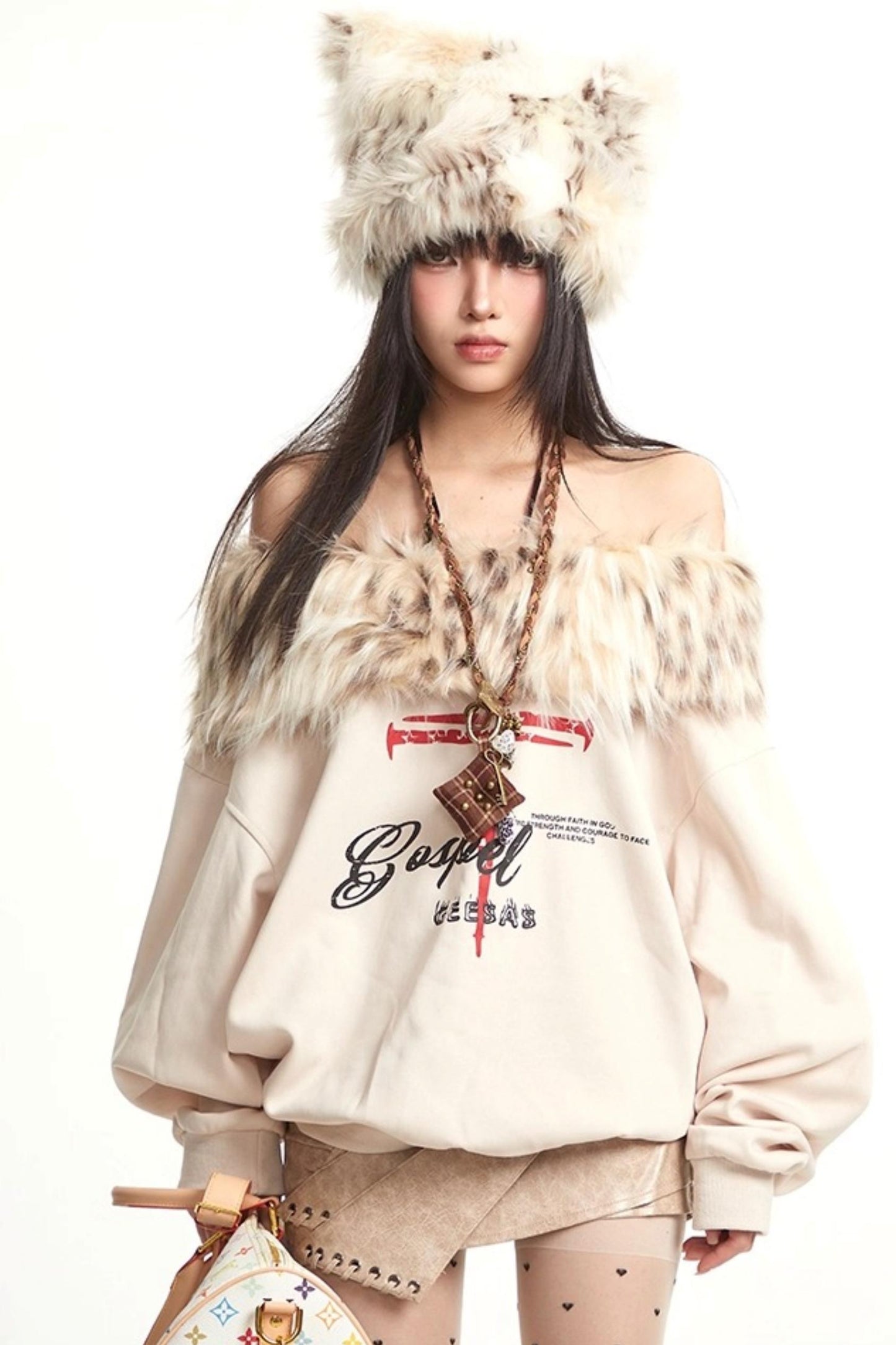Vintage Apricot One-Shoulder Fur Collar Sweatshirt