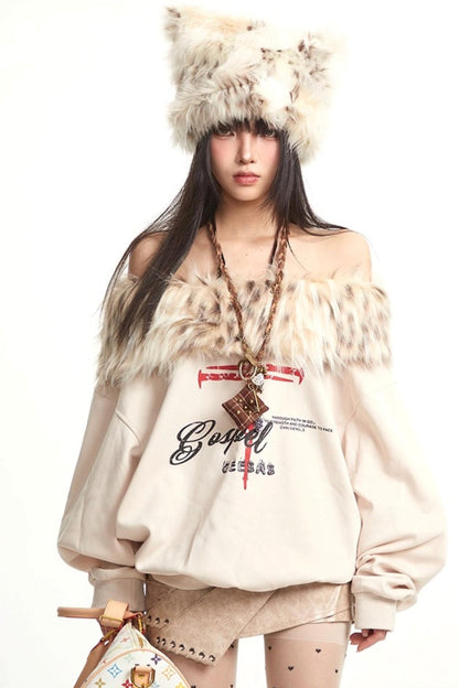 Vintage Apricot One-Shoulder Fur Collar Sweatshirt