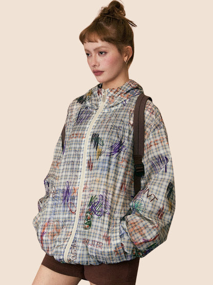 Graffiti Plaid Hooded Sunscreen Jacket