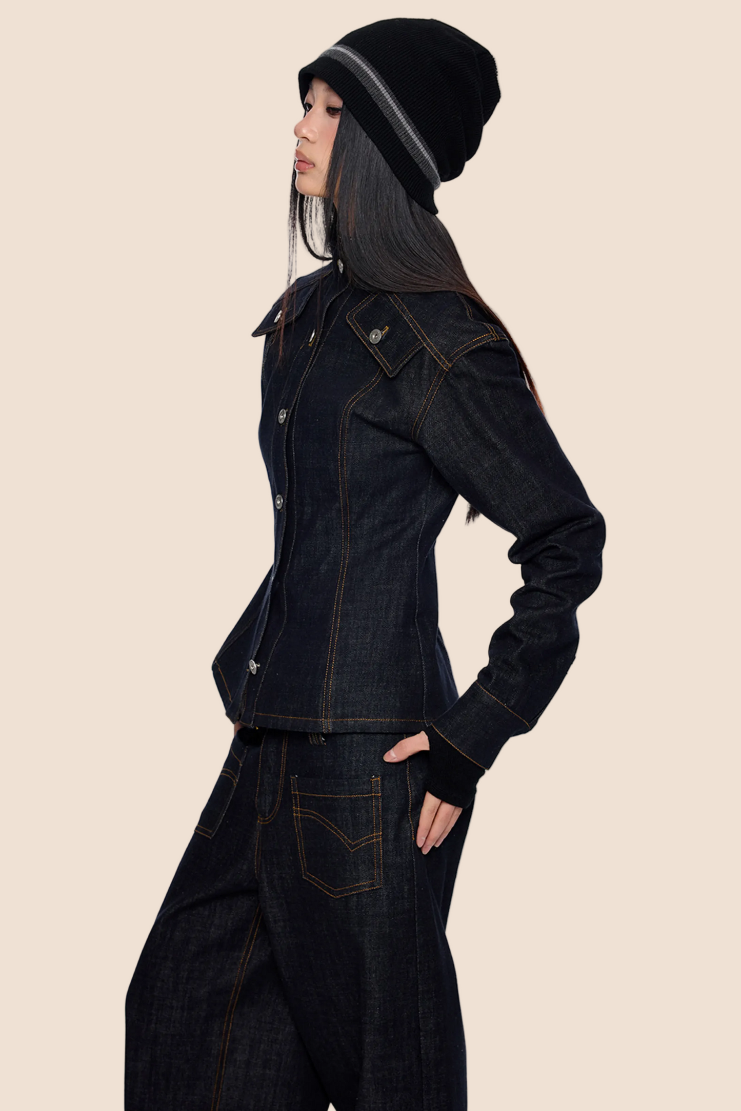 Wide-Shoulder Denim Jacket Set-Up