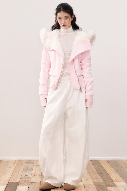Lapel Fur Collar Fleece Jacket & Pants Set-Up