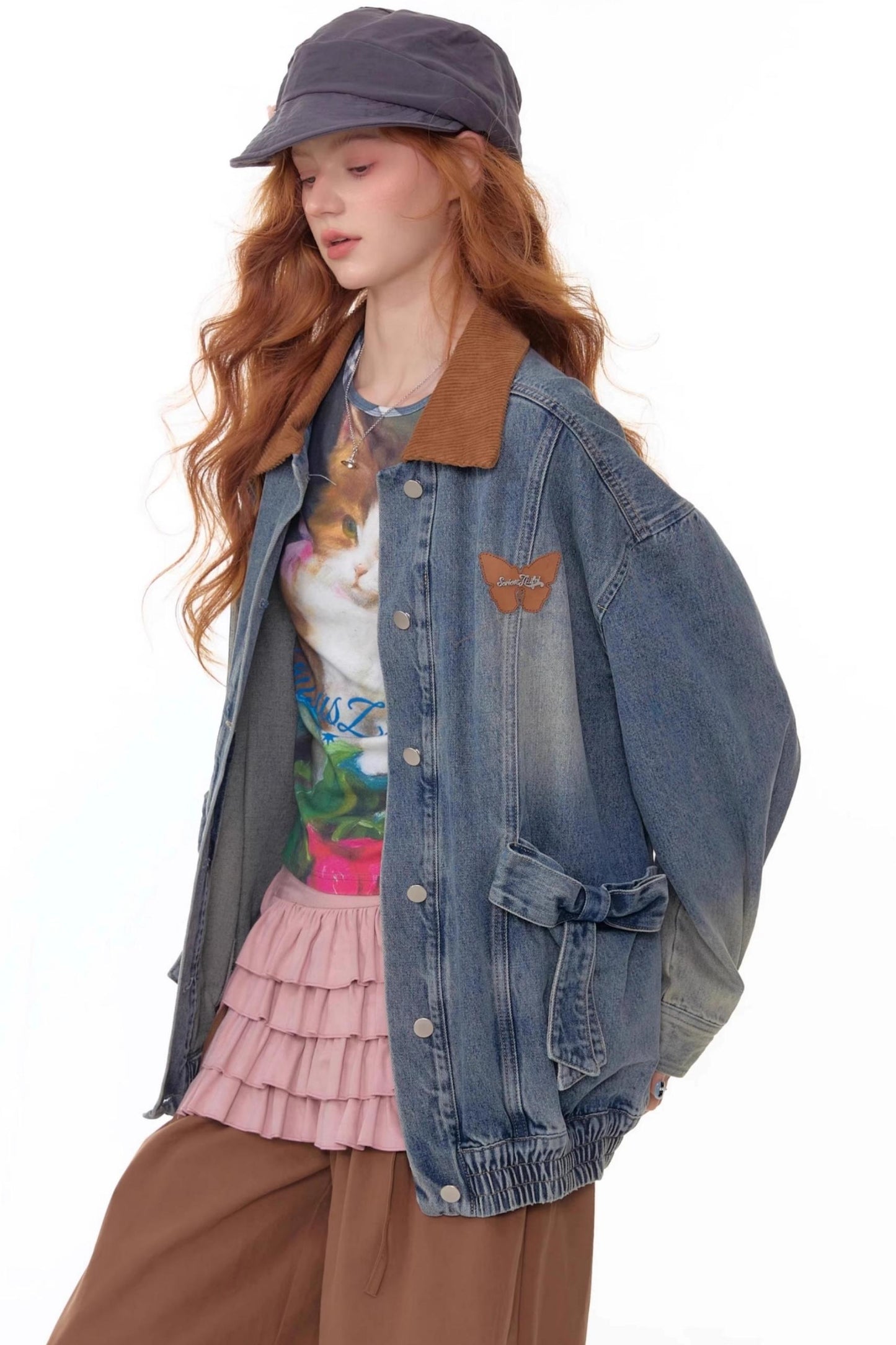 Bow Corduroy Collar Retro Denim Jacket