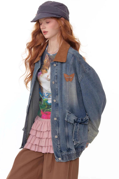 Bow Corduroy Collar Retro Denim Jacket