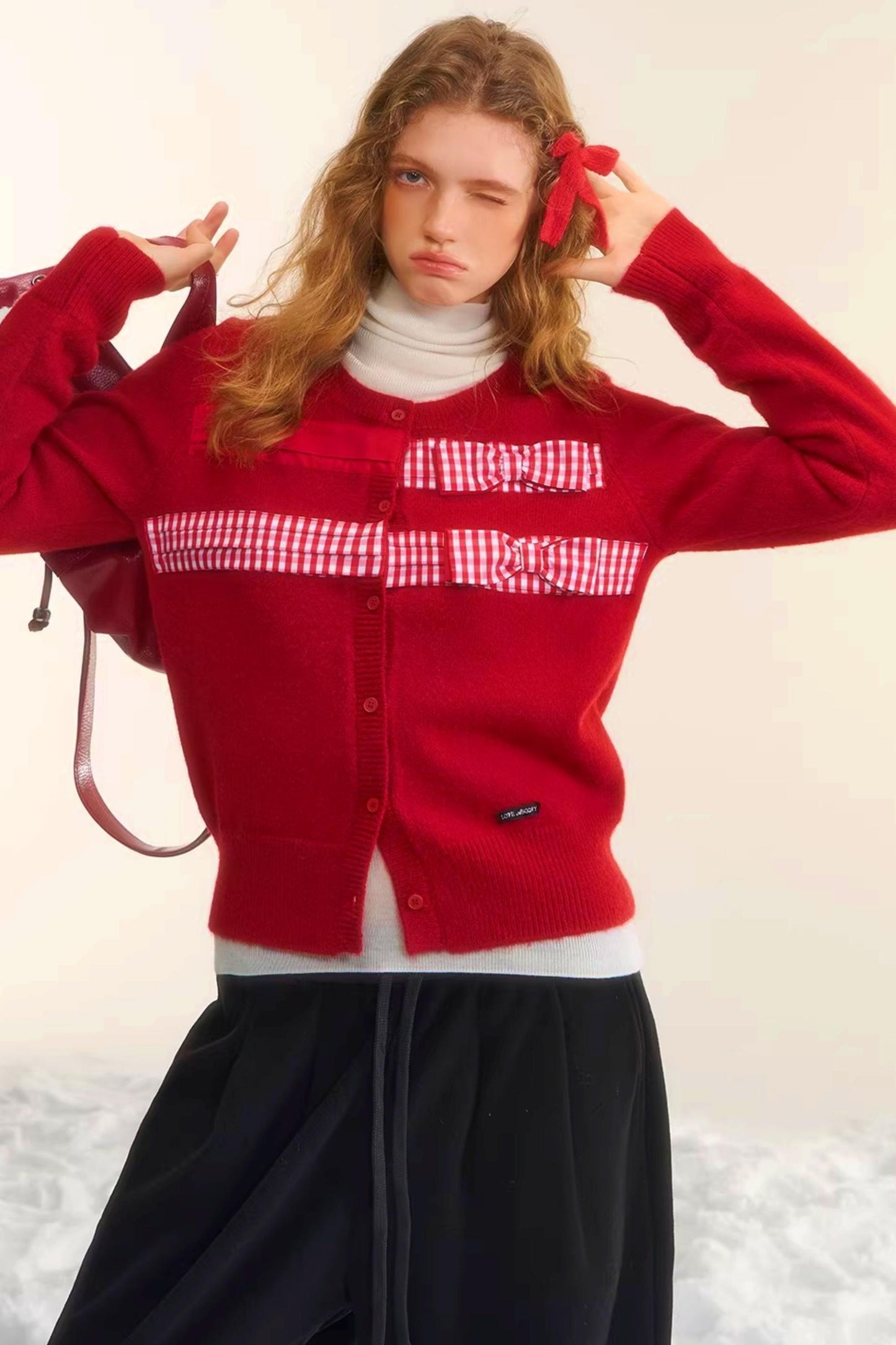 Plaid Patchwork Bow Cardigan