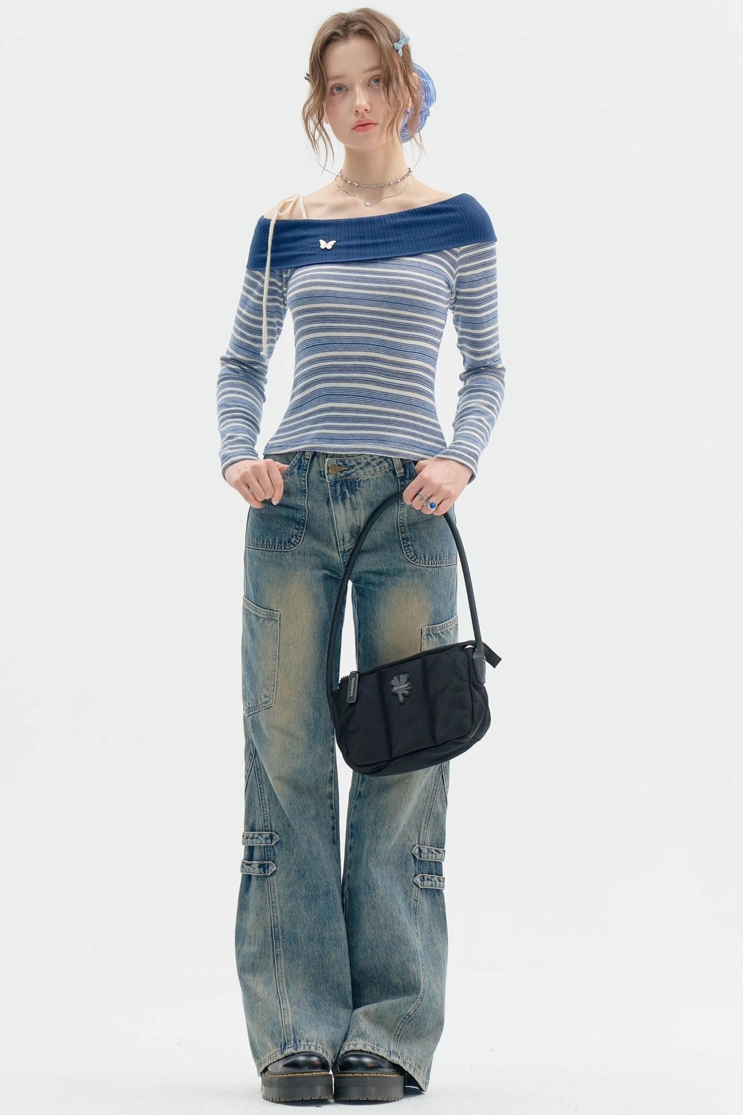 Dark Blue Stripe One-Shoulder Shirt